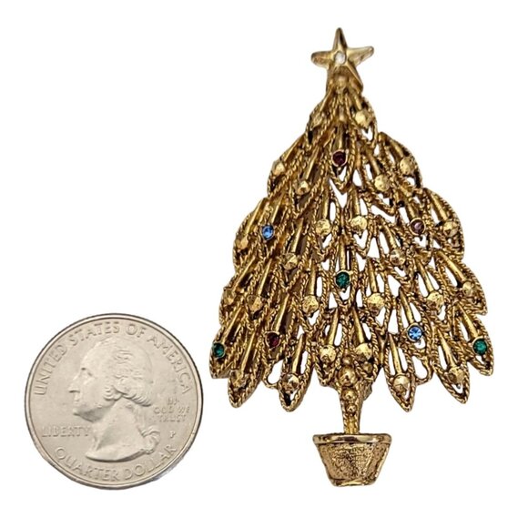 LIA Gold Tone Multi Color Rhinestone Christmas Tree Brooch, Signed K402 - Picture 4 of 7